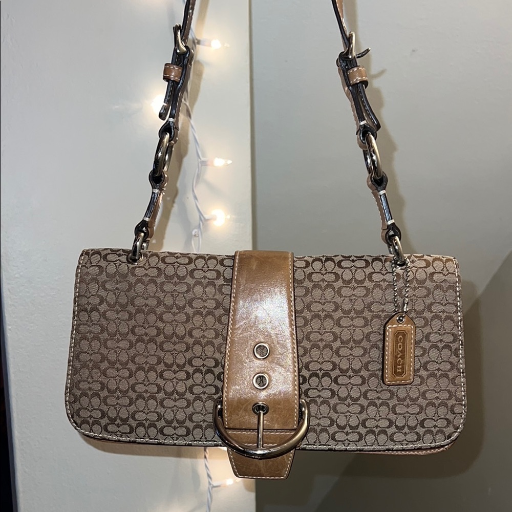 Coach Brown Leather Trim Shoulder Bag with Signature Monogram Soho Flap
